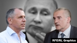 Коллаж, Аксенов и Константинов на фоне Путина