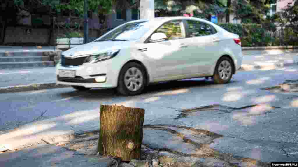 В Симферополе дорожные службы оградили аварийный участок дороги пеньком, 17 июня 2017 года